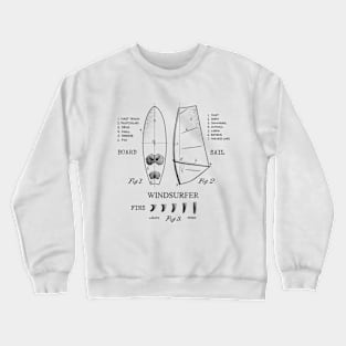 Windsurfer Equipment Gear Board, Sail and Fins Legend Vintage Black Drawing Crewneck Sweatshirt